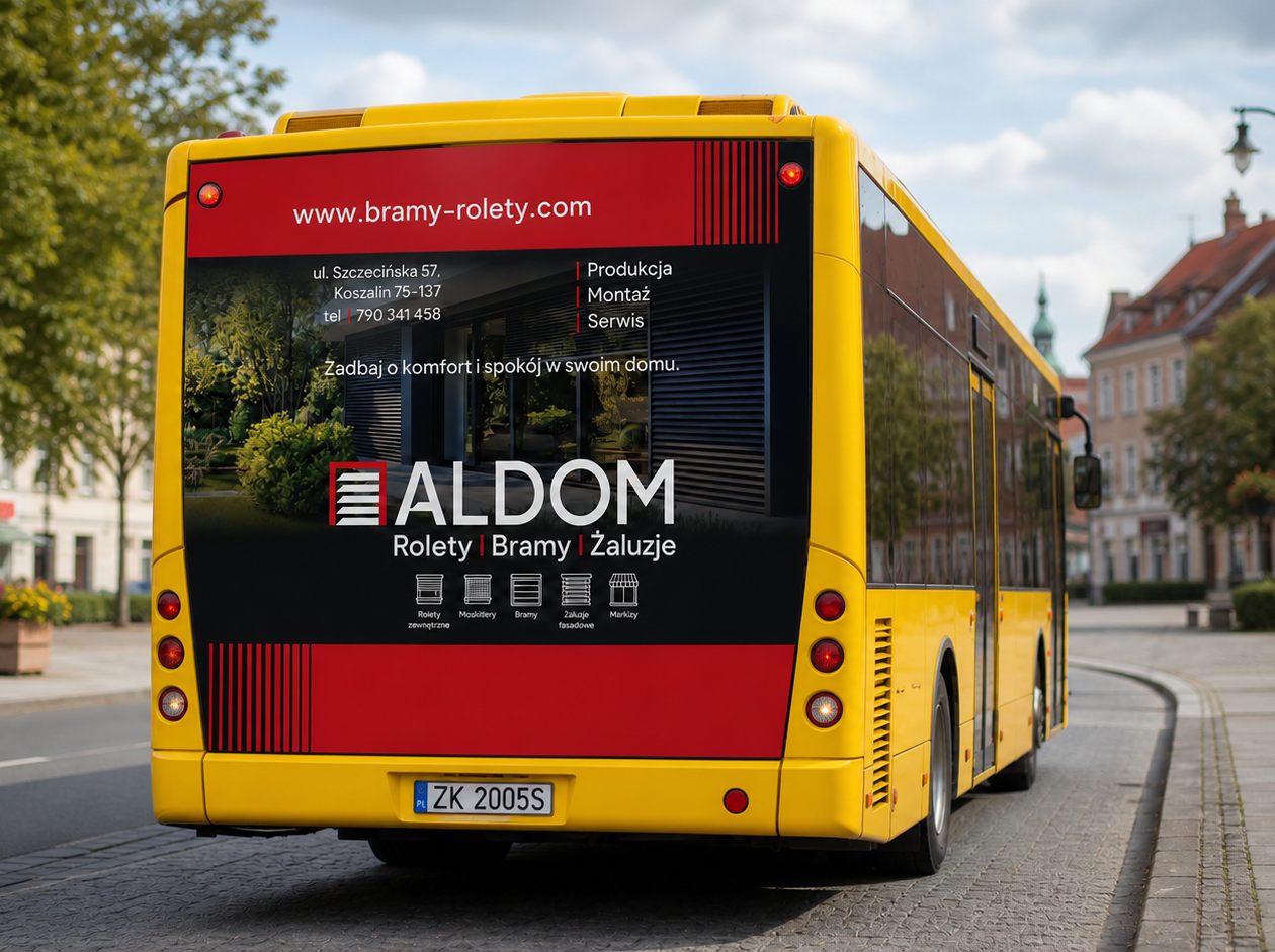 Reklama Aldom na autobusie miejskim w&nbsp;Koszalinie