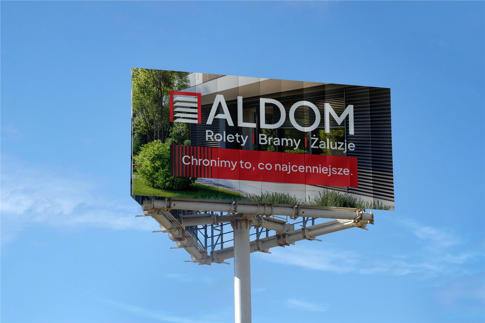 Billboard reklamowy Aldom z&nbsp;hasłem „Chronimy to, co najcenniejsze”