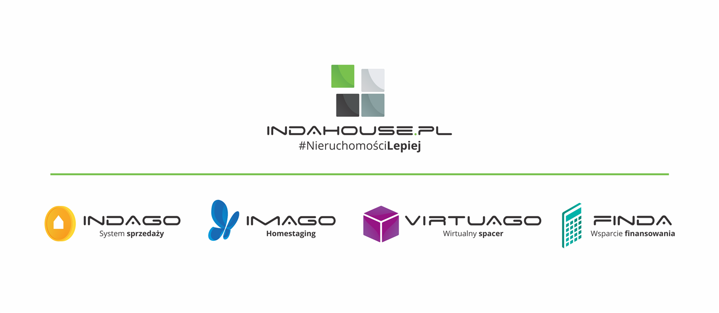 Logotyp Indahouse — cztery kolorowe kwadraty i&nbsp;wordmark INDAHOUSE.PL, wraz z&nbsp;logotypami marek wspierających Indago, Imago, Virtuago i&nbsp;Finda