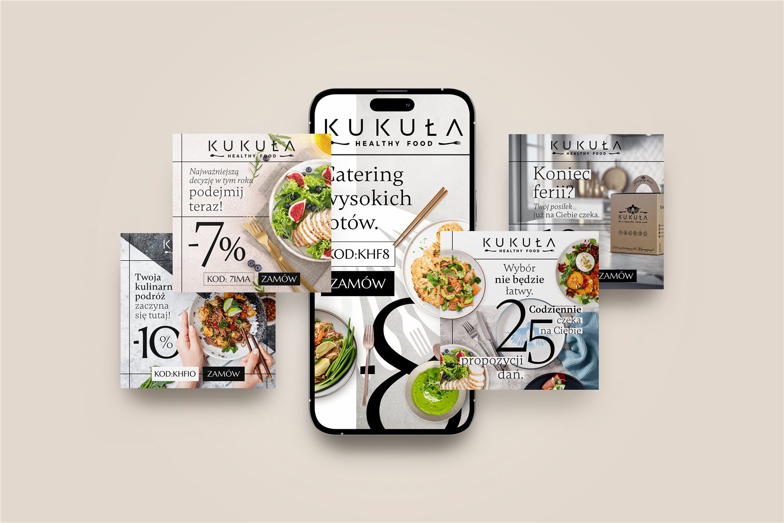 Przykładowe kreacje reklamowe Kukuła Healthy Food z kodami rabatowymi