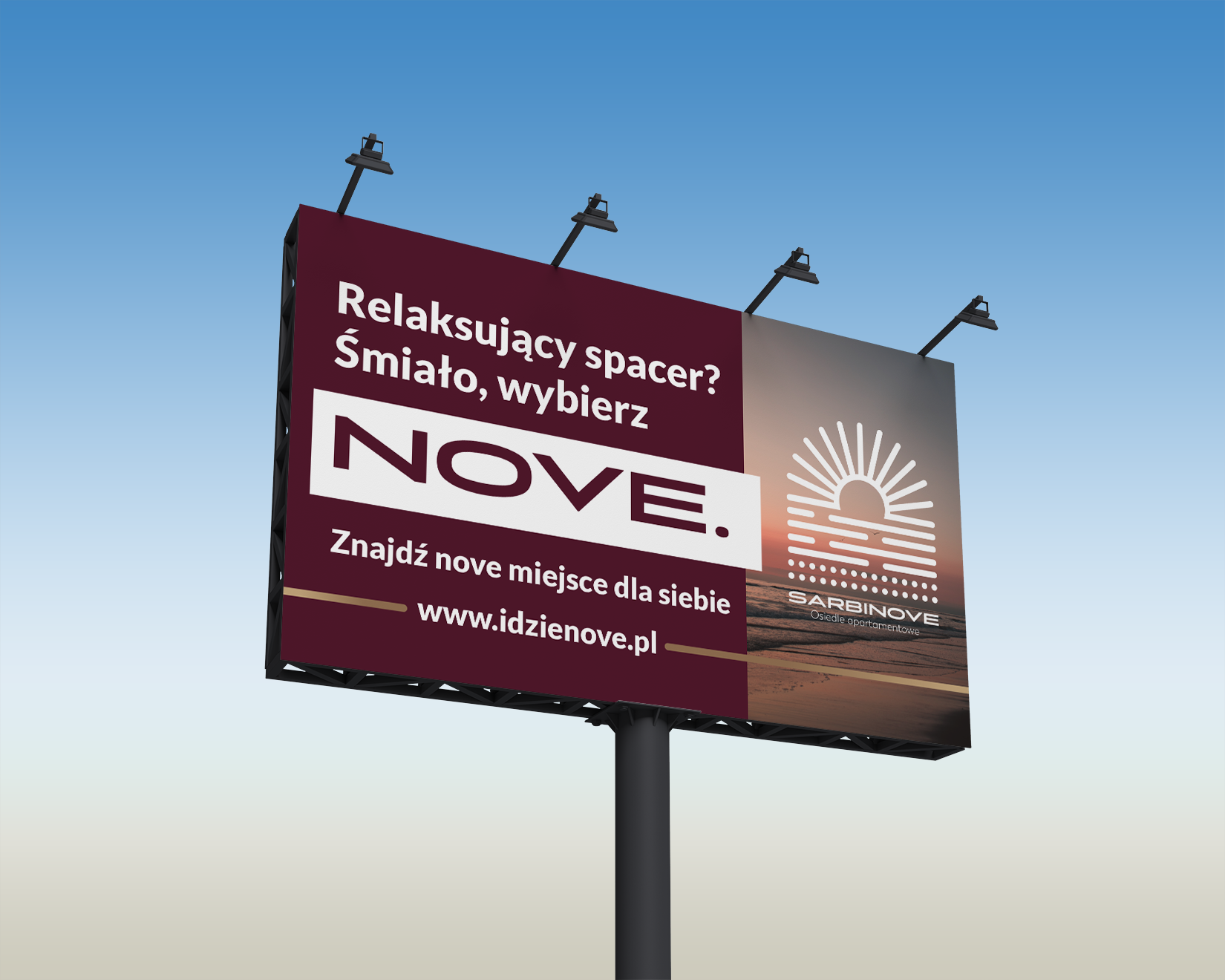 Billboard reklamowy Sarbinove z&nbsp;hasłem „Relaksujący spacer? Śmiało, wybierz NOVE”